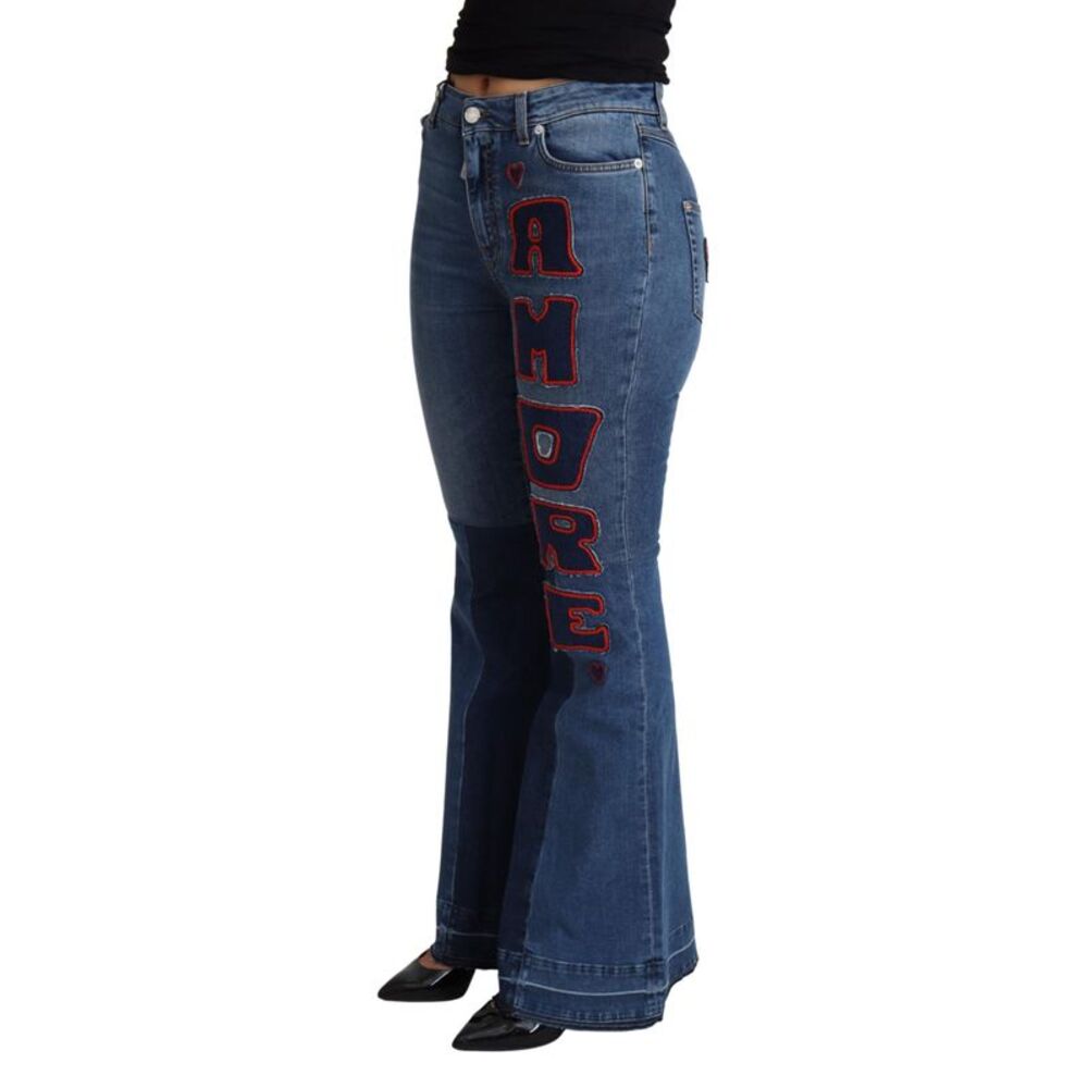 Dolce & Gabbana Blue Amore Patch Boot Cut Cotton Stretch Women's Pant